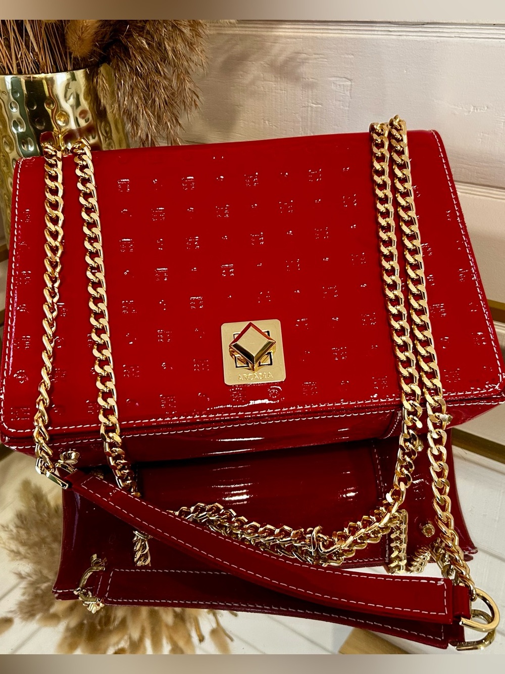 Arcadia bag Red Patent Leather Chain Shoulder Bag with Gold Hardware